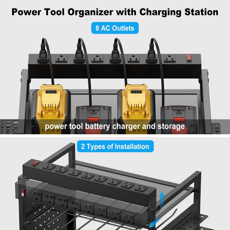 JUNNUJ Power Tool Organizer Floor Stand with Charging Station, Garage