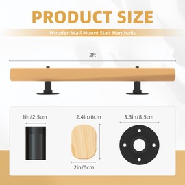 2 FT Wood Handrails for Indoor Stairs, Wall-Mounted Staircase Handrails for Indoor Outdoor Stairs, Non-Slip Stair Railing Indoor for Kids, Elderly, Pregnant Women, Disabled