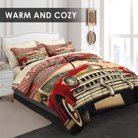 Pamnest Comforter Set Queen Size, Tire Retro Vintage 7 Pcs Bedding for Kids and Adults, Car Vehicle Automotive Bed Sheet Sets with Fitted Sheet 2 Pillowcase & 2 Sham for Bedroom Bed Decor