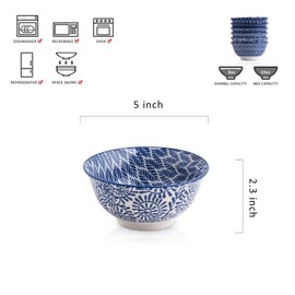 Selamica Porcelain 11oz Bowls Set - Set of 6, ceramic bowls for Dessert, Ice Cream, Vintage Blue.