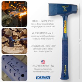 ESTWING Fireside Friend Axe - 14" Wood Splitting Maul with Forged Steel Construction & Shock Reduction Grip - E3-FF4, Blue