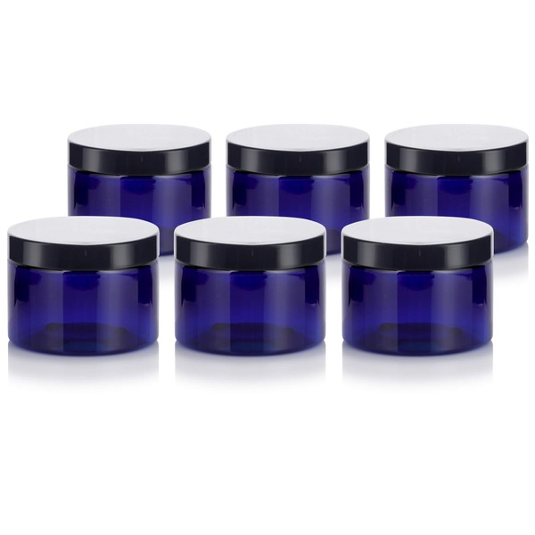 JUVITUS Cobalt Blue PET Plastic (BPA Free) Refillable Low Profile Jar - 12 oz (6 pack)