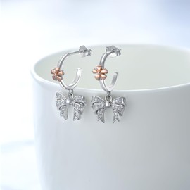 Bow Earrings for Women 925 Sterling Silver Two Tone Bow Earrings Open Hoop Flower Jewelry for Girls Gifts, Sterling Silver, crystal