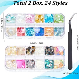 craspire 24 Grids Abalone Nail Art Flakes Kit Natural Shell Irregular Nail Sequins Foil Tweezers 3D Mermaid Aurora Colourful Glitter Nails Mica Disc Holographic Gemstone