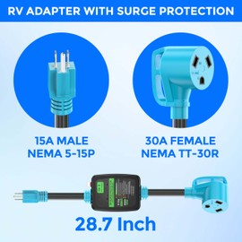 CircleCord 30 Amp to 15A 110 Volt RV Surge Protector Adapter Cord with Circuit Breaker and Analyzer, 8000 Joules, NEMA 5-15P to TT-30R Electrical Power Dogbone for RV Trailer Camper, ETL Listed