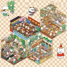 DIY 3D House Sticker,4 Set Fun DIY Stickers Scene Make Your Own Sushi Restaurant, Dessert Shop, Bakery, Cafe Stress Cute 3D Cartoon Scene Stickers for Adult Kids Relief Stress Pass The Time