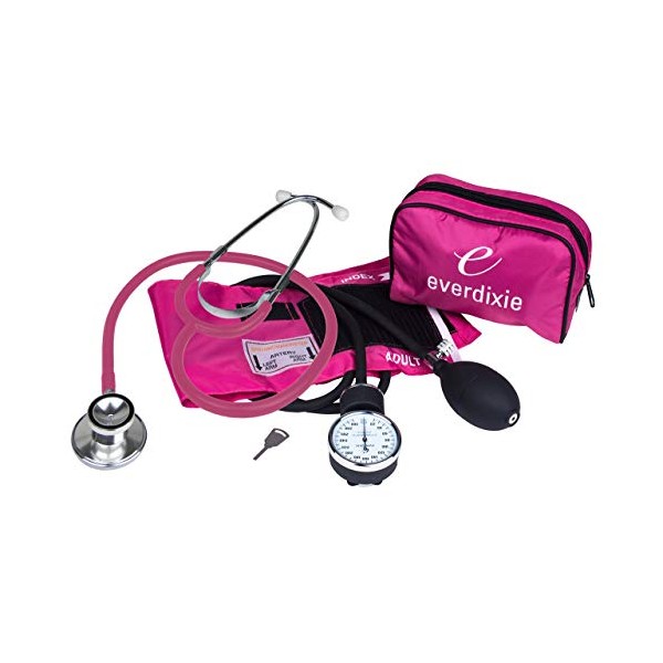 Dixie EMS Aneroid Sphygmomanometer and Dual Head Stethoscope Set with Adult Size Blood Pressure Cuff, Calibration Key and Carrying Case – Pink