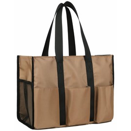 Semikk Tote Bag for Women Men, Utility Nurse Tote Bag, Water Resistant Nylon Tote Bag with 9 Exterior & Interior Pockets, Teacher Work Tote, Large Shoulder Purse for Work, Travel, Gym, Beach (Khaki)