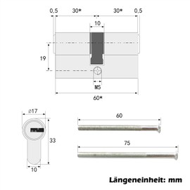 Brass Lock Cylinder 30/30 with 5 Brass Keys, Profile Double Cylinder, Cylinder Lock, Door Lock Replacement Accessories, Reversible Key, Door Lock Security Lock Front Door