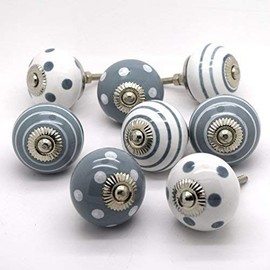 Pushka Home Set of 8 Grey White Ceramic Cupboard Door Knobs, Pack of 8