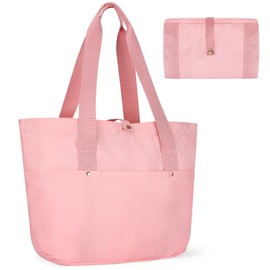 Outplea 18L Foldable Tote Bag with Zipper for Women, Small Lightweight Multipockets Shoulder Bag for Teacher, Waterproof Handbags for Travel Beach, Pink