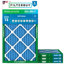 Filterbuy 20x36x1 Air Filter MERV 13 Optimal Smoke & Allergy Defense (4-Pack), Electrostatic Pleated HVAC AC Furnace Filters Replacement, Made in USA (Actual Size: 19.75 x 35.75 x 0.75)