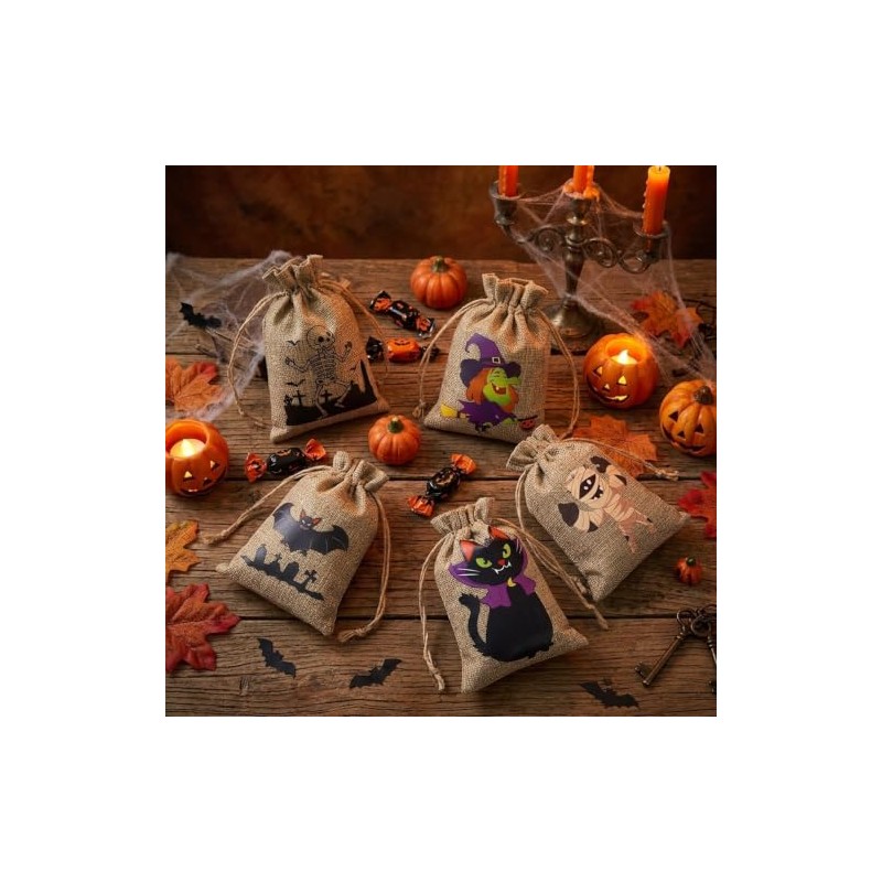 60 Bolsas de Regalo de Arpillera para Halloween con Cordón