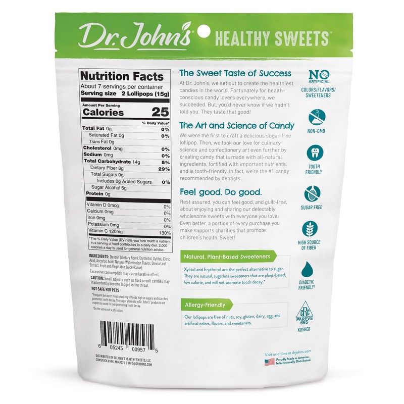 Dr. John's Healthy Sweets Watermelon Lollipops with Zero Sugar, Dye-Free,