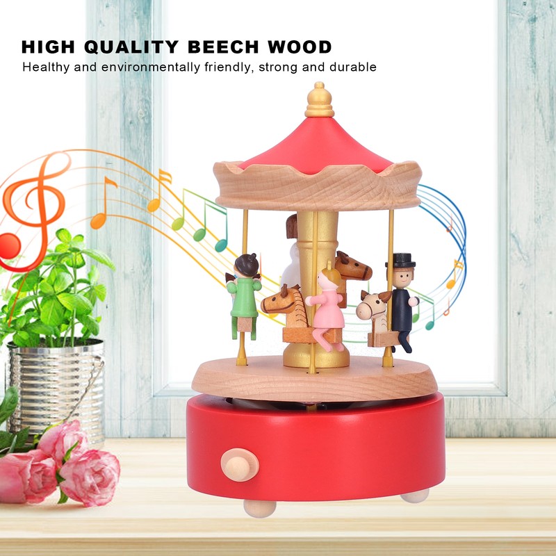 Wooden Music Box Musical Box Rotating Horse Shaped Wood Crafts