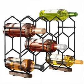 Nuovoware Countertop Wine Rack, 14-Bottle Freestanding Modern Carbon Steel Holder Hexagonal Structure, 3 Tier Tabletop Wine Bottle Organizer Storage for Cabinet, Pantry, Black+Retro Brown