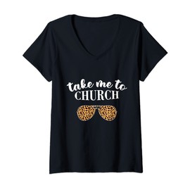 Womens Take Me To The Church Leopard Sunglasses Christian Religious V-Neck T-Shirt
