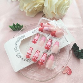 Valentine's Day Press on Nails Medium Coffin Fake Nails Pink French Tip Glue on Nails Acrylic Nails Press ons Heart Design Swirl False Nails Glossy Valentines Stick on Nails for Women Girls 24 Pcs