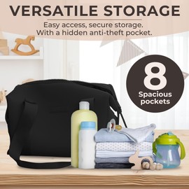 BUNSO Baby Diaper Bag Tote - Premium Neoprene Baby Diaper Bag with Portable Changing Pad & Pouch - Lightweight and Water-Resistant Diaper Bags - 12 x 7 x 8 Inches - Black