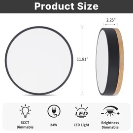 Led Flush Mount Ceiling Light: 11.8" Dimmable 5CCT Overhead Ceiling Lighting Fixture - Morden Black Round Close to Ceil Lights - Flat Wood Minimalist Light Fixtures for Living Room Laundry Bedroom