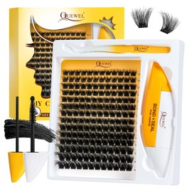 QUEWEL Cluster Wimpern Set DIY Wimpern Extensions Set 168 Stk einzelne Wimpern mit großem Fassungsvermögen 16ml Wimpern Kleber und Seal, Wimpernapplikator einfach für Anfänger zu Hause(Fluffy 3D-Mix)