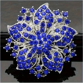 Unbranded Pinwheel Flower Brooch with Cobalt Blue Crystals Silver Tone