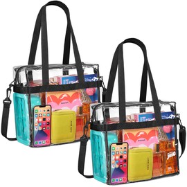 Handy Laundry Clear Tote Bag Stadium Approved - 2 PACK - Shoulder Straps and Zippered Top. Perfect Clear Bag for Work, Sports Games and Concerts. Meets Tournament Guidelines. (Black)