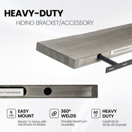 Fun Memories Floating Shelves for Wall, 36"x9.3" Rustic Solid Elm Wood Shelves, Heavy-Duty Wall Mounted Shelves with Invisible Brackets, Set of 2 for Living Room, Bedroom, Kitchen, Grey Finish