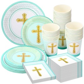 FillTouch 24 Set Baptism Plates and Napkins Baptism Party Supplies First Communion Plate Napkins and Cups Baptism Decorations Tableware for Christening Confirmation Baby Shower for 24 Guests(Blue)