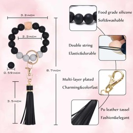 BAOSIWA Women Silicone Keychain Bracelet Beaded Wristlet Key Ring Black Bangle Chains with Leather Tassel