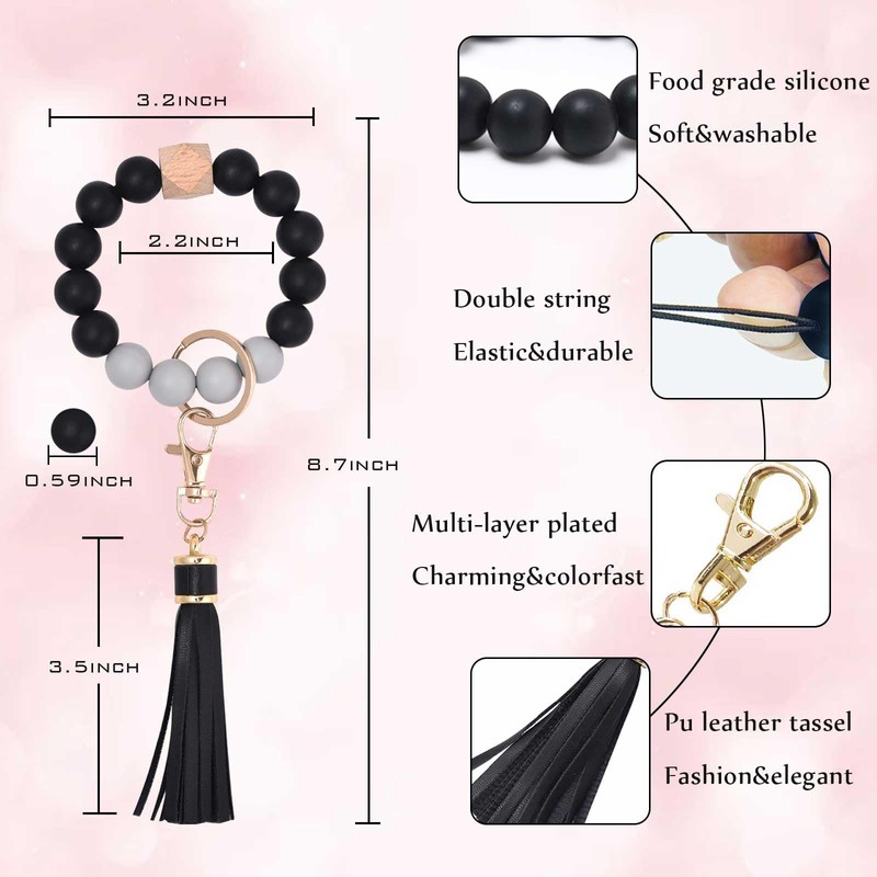 BAOSIWA Women Silicone Keychain Bracelet Beaded Wristlet Key Ring Black