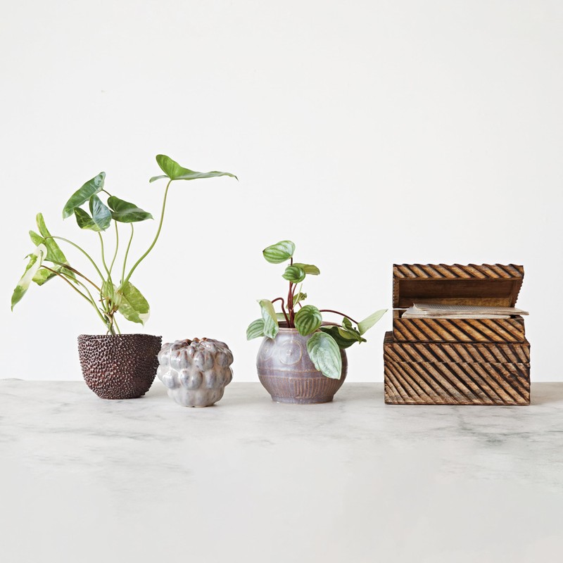 Creative Co-Op Debossed Stoneware Planter with Pattern and Reactive Glaze,