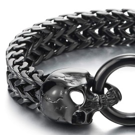 Gothic Mens Black Steel Skull Franco Link Curb Chain Bracelet with Spring Ring Clasp 8.5 Inches(CA)