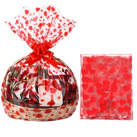 Zonon 20 Pcs Valentines Day Cellophane Bags 35 x 23 Inch Valentine Cellophane Wrap for Gift Baskets Red Heart Large Plastic Clear Gift Basket Bags with Bow Ribbon for Baskets Classroom Prize Gifts