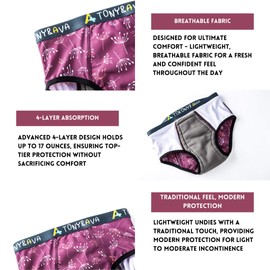 Tony & Ava Teen Incontinence Underwear for Girls – Bikini Brief Pull Ups, Reusable, Sensory-Friendly, 2-Pack Dandelion Print (Size Large, 140–155 lbs), Daytime Protection Purple