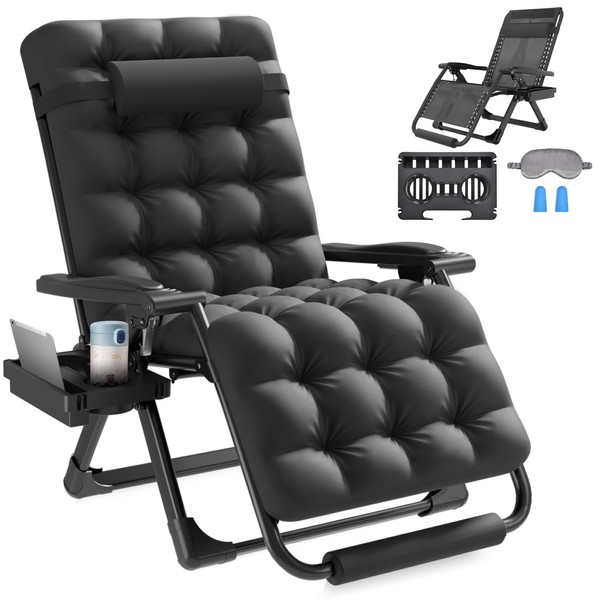 Slendor Oversized Zero Gravity Chair 29In,Gravity Recliner Chair for Indoor Outdoor,XL Padded Patio Lounge Chair with Headrest, Upgrade Aluminum Alloy Lock, Cup Holder,Support 500lbs,Black