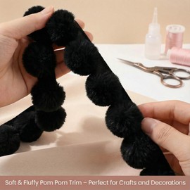 Pom Pom Trim Ribbon - 1.2 Inch Wide x 5 Yards, Soft Fluffy Faux Fur Fringe for DIY Crafts, Clothing Edging, Pet Beds, Wedding & Home Decor(Black)