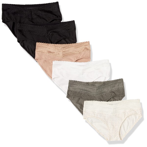 Warner's Women's Blissful Benefits Dig-Free Comfort Waist with Lace Cotton Hipster 6-Pack RU2266W, Toasted Almond/Black/White/Bodytone Polda Dot/Stone Crystal Web/Black, XL