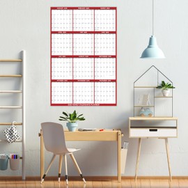24" x 36" 2025 Wall Calendar with 3 Pack Fineliner Color Pens, Large 12 Month Annual Yearly Planner, Erasable Wet & Dry Erase Laminated Calendar for Wall, Reversible, Horizontal/Vertical, Red
