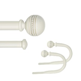 eTeckram 1" Double Curtain Rod with Sable Finials and holdbacks (48‘’-84‘’, Weathered white)