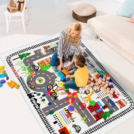 LTKOUGFAM Kids Playroom Rug Play Carpet, City Life Playmat, Educational Children’s Play Mat for Playing with Cars, Road Traffic Floor Area Rug, Rugs for Kids Playroom Room Bedroom(55.1 x 39.4 Inch)