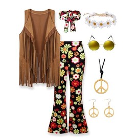 CICOCI 60s 70s Outfit For Women Hippie Costume 8pcs Fringe Vest Flared Pants Costume Peace Sign Necklace Earrings