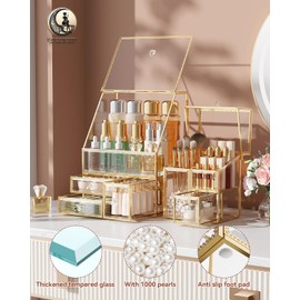 CoralHouse Clear Makeup Organizer with Gold Frame – Countertop Vanity Organizer for Skincare, Lipsticks, Perfume & Brushes – Bathroom Cosmetic Storage Display Box