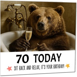 70th Birthday Card Bear in a bathtub Funny Bear Birthday Card for 70 Year old Seventy, Seventieth