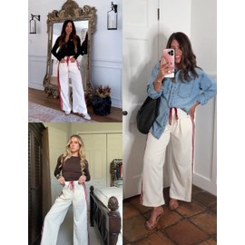 Hongsui Women's Wide Leg Pants Drawstring High Rise Side Striped Slouchy Palazzo Pants with Pockets (Beige-XL)