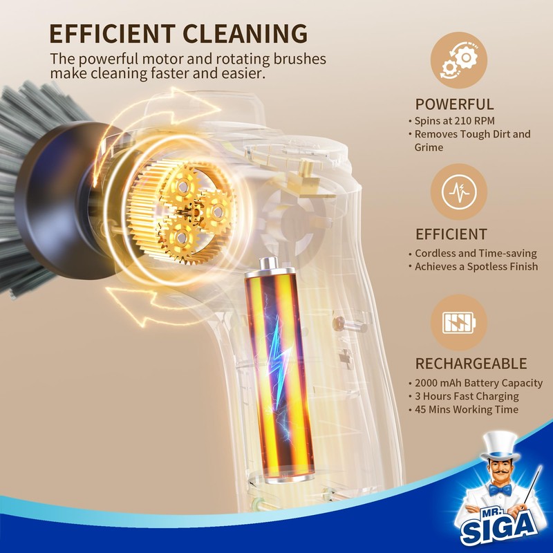 MR.SIGA Electric Spin Scrubber for Kitchen and Bathroom Cleaning, Waterproof