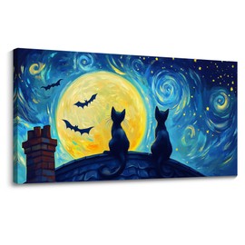 CHATYOUNG Large Canvas Wall Art - Van Gogh Starry Blue Themed Cat on the roof Wall Painting Modern Picture Prints Artwork Ready to Hang Bedroom Living Room Kitchen Home Office Decor 24X48 IN