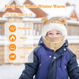 AYPOW Winter Kids Balaclva Hat, Thermal Fleece kids Hat with Detachable Face Mask Unisex, Warm Windproof Hooded Hat With Soft Plush Lining Earflap Cap Neck Warmer Snood for Outdoor Sports Boy Girls