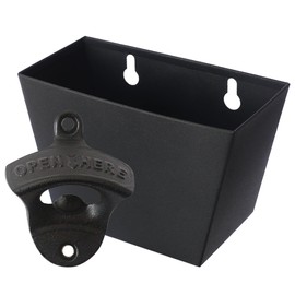Luwanburg Black Cast Iron Bottle Opener Wall Mounted Beer Top Opener with Cap Catcher Set