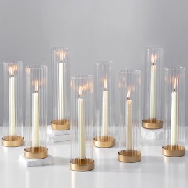 Hewory Hurricane Glass Candle Holders: Set of 8 Gold Candlestick Holders with 11" Tall Clear Cylinder Hurricane Cover, Taper Candle Holder for Wedding Table Centerpiece Party Christmas Home Decor
